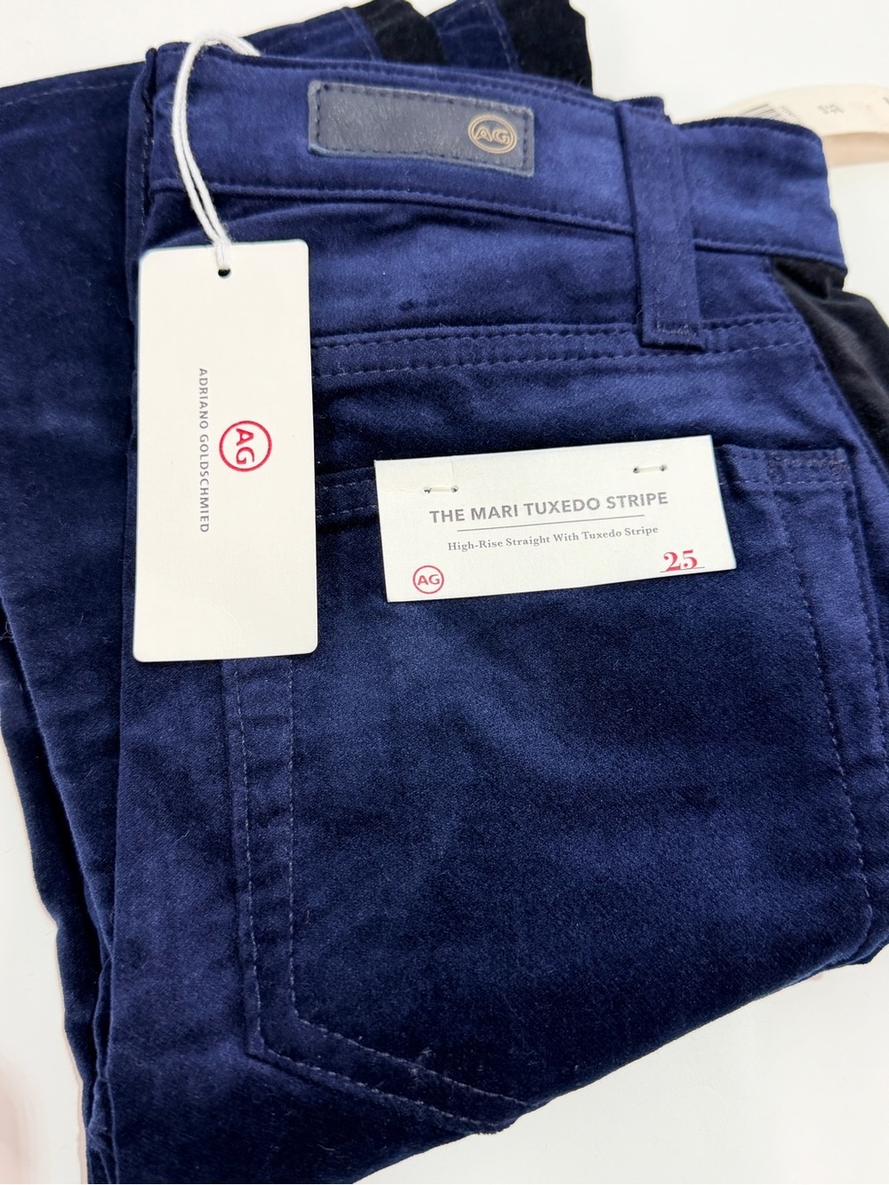AG Anthropologie Mari Tuxedo Stripe Velvet Pants Navy Slim Trouser Size 25 NWT